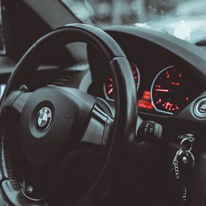 Preview wallpaper bmw, car, steering wheel, speedometer