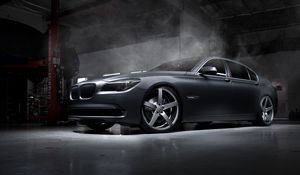 Preview wallpaper bmw, car, tuning, garage, wheels, smoke