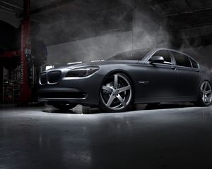 Preview wallpaper bmw, car, tuning, garage, wheels, smoke