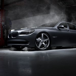 Preview wallpaper bmw, car, tuning, garage, wheels, smoke