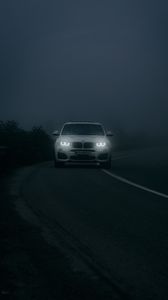 Preview wallpaper bmw, car, white, road, fog, twilight