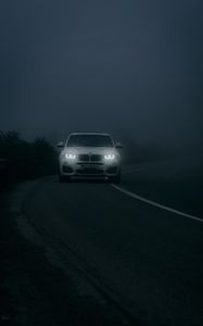 Preview wallpaper bmw, car, white, road, fog, twilight