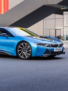 Preview wallpaper bmw, i8, 2015, blue, side view