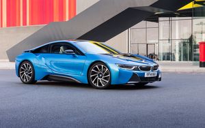 Preview wallpaper bmw, i8, 2015, blue, side view
