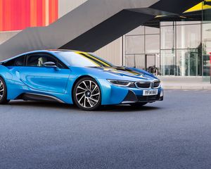 Preview wallpaper bmw, i8, 2015, blue, side view