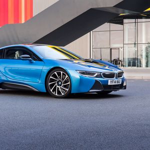 Preview wallpaper bmw, i8, 2015, blue, side view