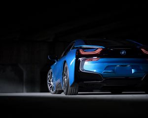 Preview wallpaper bmw i8, bmw, car, blue, sportscar, supercar, rear view