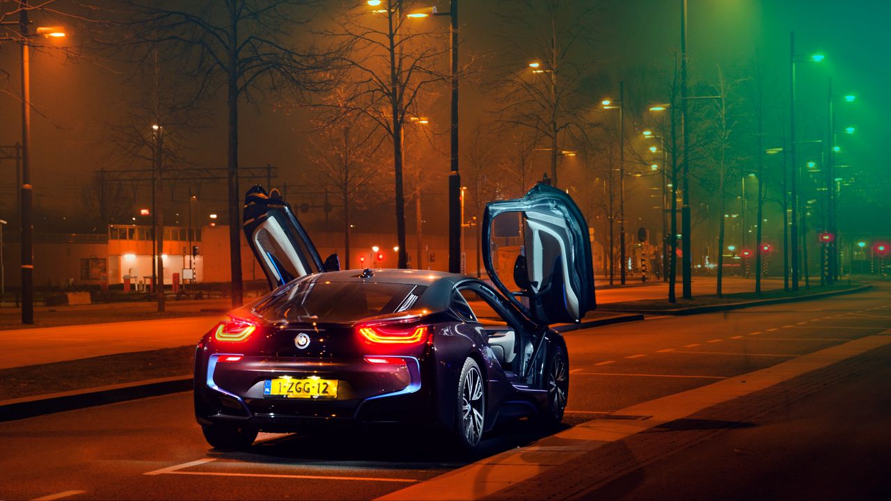 Wallpaper bmw i8, bmw, sportscar, supercar, night, lights, city, parking