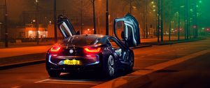 Preview wallpaper bmw i8, bmw, sportscar, supercar, night, lights, city, parking