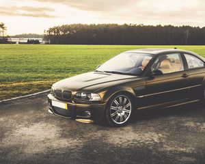 Preview wallpaper bmw, m3, black, side view, grass, trees