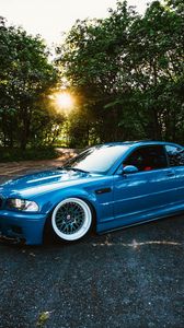 Preview wallpaper bmw, m3, blue, side view, trees