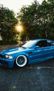 Preview wallpaper bmw, m3, blue, side view, trees