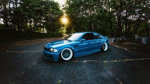 Preview wallpaper bmw, m3, blue, side view, trees