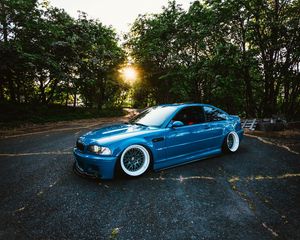 Preview wallpaper bmw, m3, blue, side view, trees