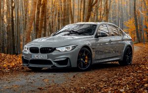 Preview wallpaper bmw m3, bmw, car, gray, side view, forest, autumn