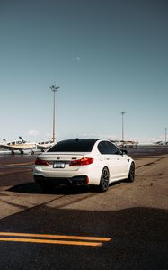 Preview wallpaper bmw m5, bmw, car, white, airport