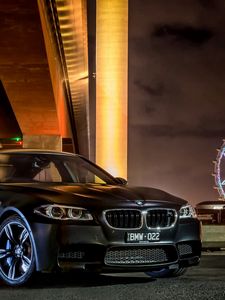 Preview wallpaper bmw, m5, sedan, black, city, night