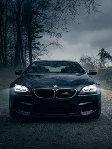 Preview wallpaper bmw m6, black, forest, fog, front bumper