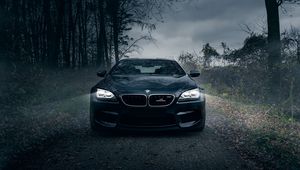 Preview wallpaper bmw m6, black, forest, fog, front bumper