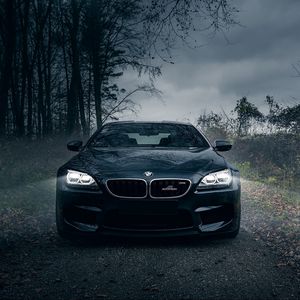 Preview wallpaper bmw m6, black, forest, fog, front bumper