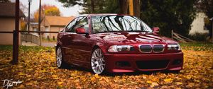 Preview wallpaper bmw, red, side view, foliage, autumn