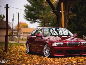 Preview wallpaper bmw, red, side view, foliage, autumn