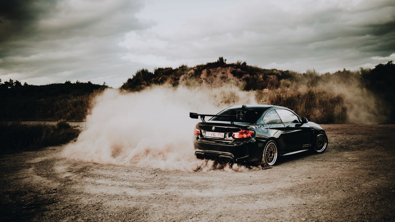 Wallpaper bmw, spoiler, car, black, dust