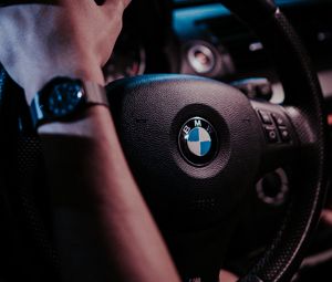 Preview wallpaper bmw, steering wheel, hand, interior, watches