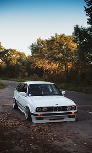 Preview wallpaper bmw, white, car, autumn, trees