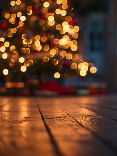 240x320 Wallpaper boards, wood, christmas tree, bokeh, blur, new year, christmas