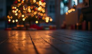 Preview wallpaper boards, wood, christmas tree, bokeh, blur, new year, christmas