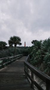 Preview wallpaper boardwalk, wooden, bushes, trees, lighthouse