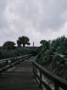 Preview wallpaper boardwalk, wooden, bushes, trees, lighthouse