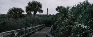 Preview wallpaper boardwalk, wooden, bushes, trees, lighthouse