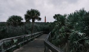 Preview wallpaper boardwalk, wooden, bushes, trees, lighthouse