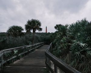 Preview wallpaper boardwalk, wooden, bushes, trees, lighthouse