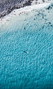 Preview wallpaper boat, aerial view, coast, wave