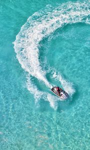 Preview wallpaper boat, aerial view, trace, water, glare