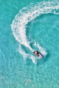 Preview wallpaper boat, aerial view, trace, water, glare