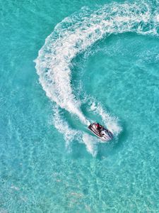 Preview wallpaper boat, aerial view, trace, water, glare