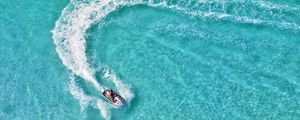 Preview wallpaper boat, aerial view, trace, water, glare