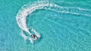 Preview wallpaper boat, aerial view, trace, water, glare