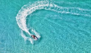 Preview wallpaper boat, aerial view, trace, water, glare