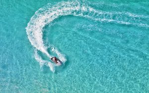 Preview wallpaper boat, aerial view, trace, water, glare