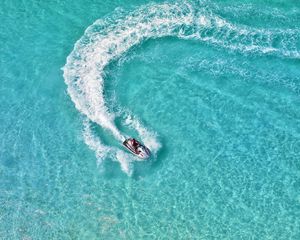 Preview wallpaper boat, aerial view, trace, water, glare