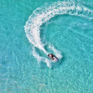 Preview wallpaper boat, aerial view, trace, water, glare