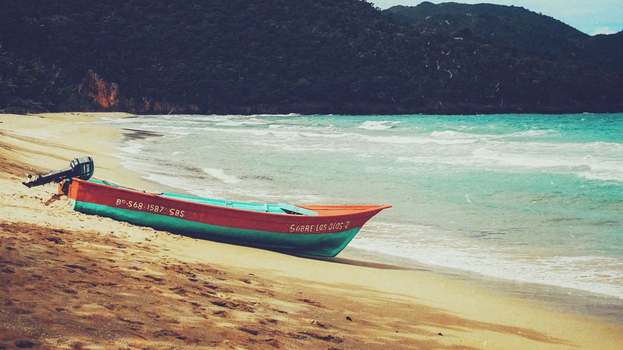 Wallpaper boat, beach, sea, coast, mountains
