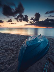 Preview wallpaper boat, beach, sea, sand, water, dusk