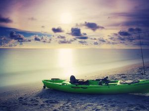 Preview wallpaper boat, beach, sunset, sand, sea