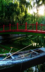 Preview wallpaper boat, bridge, river, china, wood, vegetation, oars